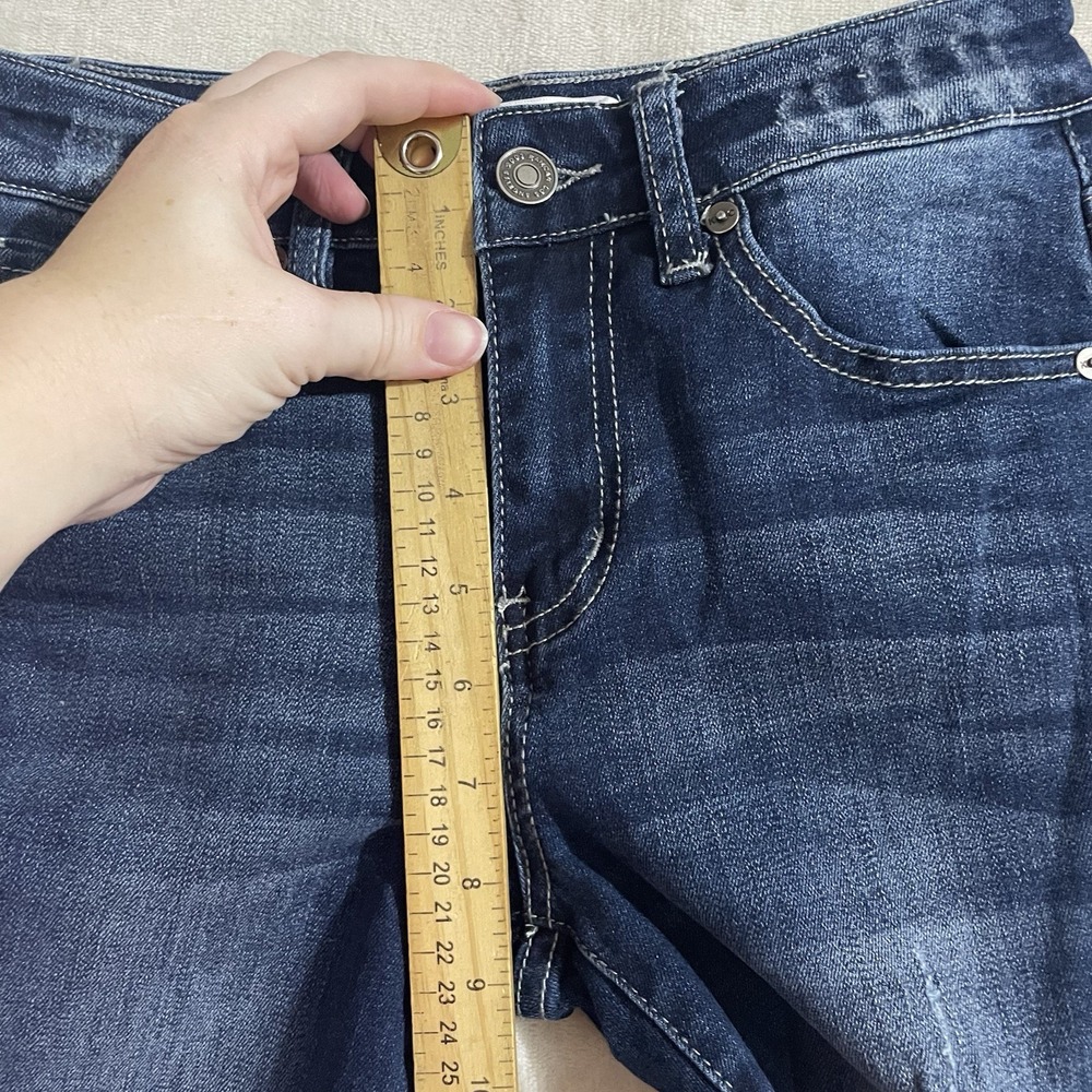 KanCan Jeans Womens 3/25 Straight Leg Distressed Raw Hems Blue Denim Dark Wash‎ - Picture 5 of 8